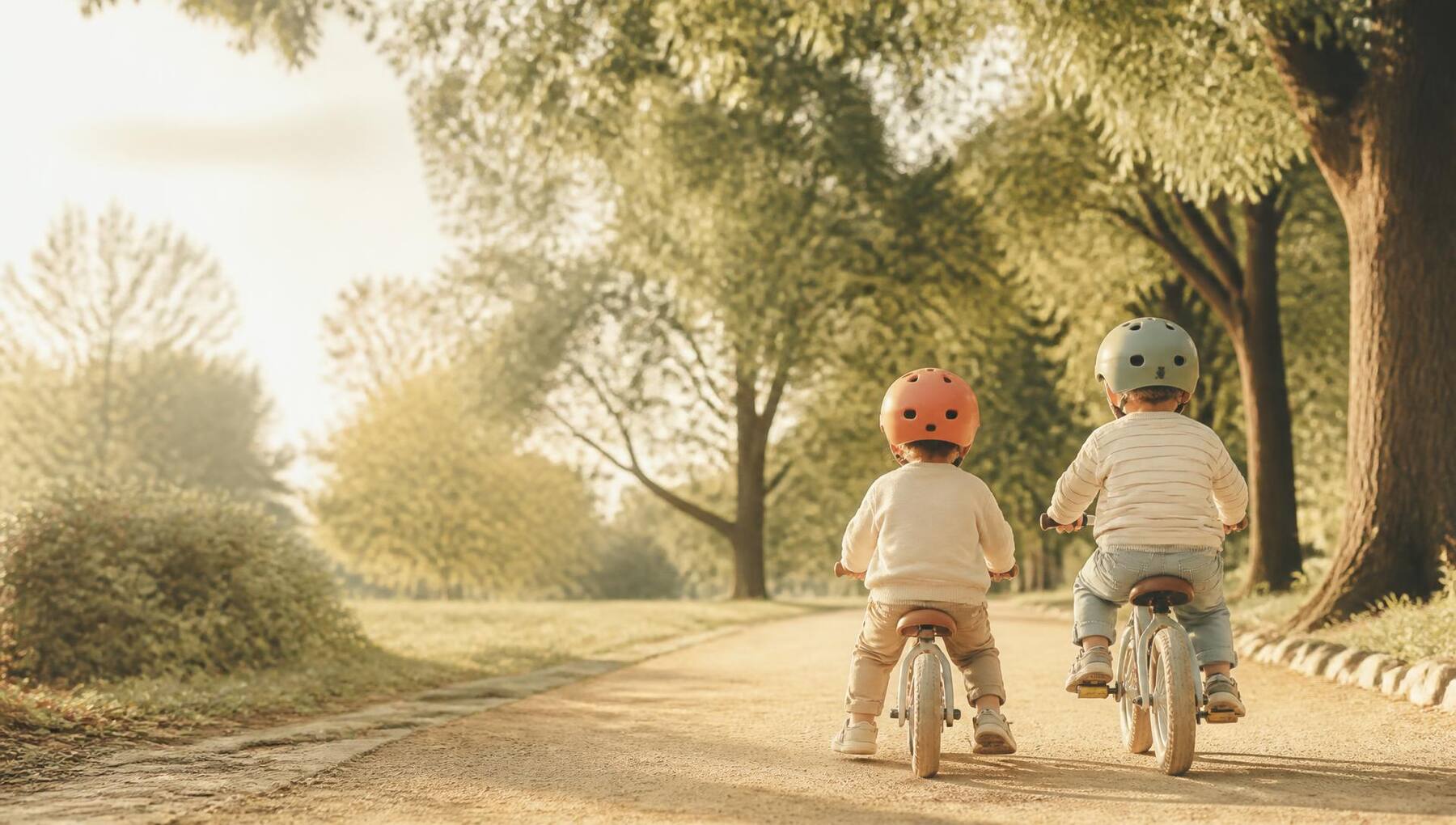 Two young children riding a balance bike and a small pedal bike away down a sunlit tree-lined park path