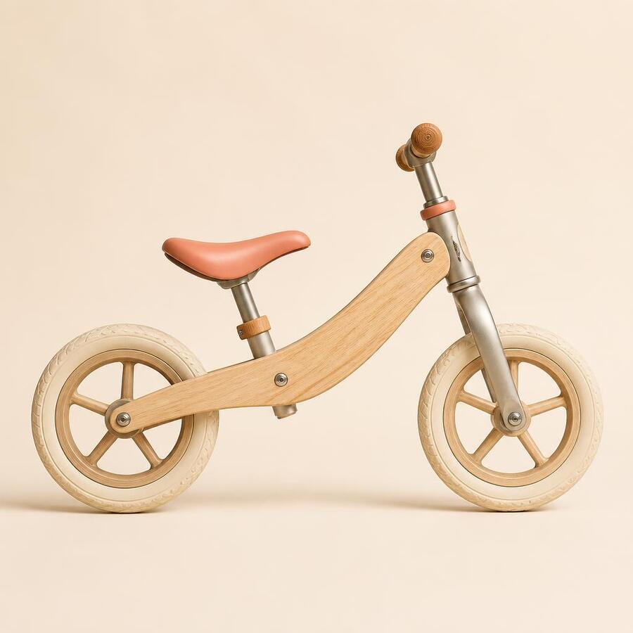 Wooden children's balance bike with no pedals, shown side on