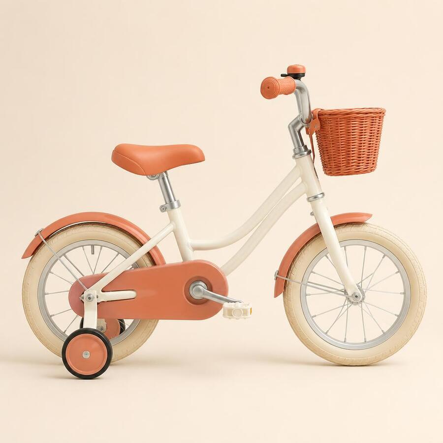 Small 14-inch children's first pedal bike with training wheels, shown side on